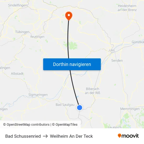 Bad Schussenried to Weilheim An Der Teck map