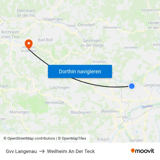 Gvv Langenau to Weilheim An Der Teck map