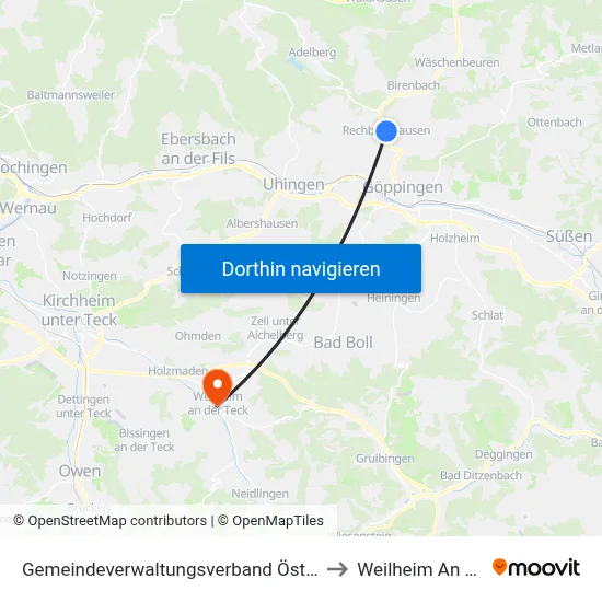 Gemeindeverwaltungsverband Östlicher Schurwald to Weilheim An Der Teck map