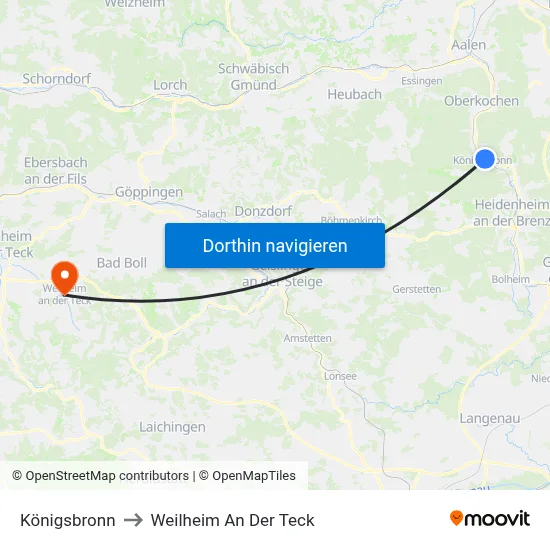 Königsbronn to Weilheim An Der Teck map