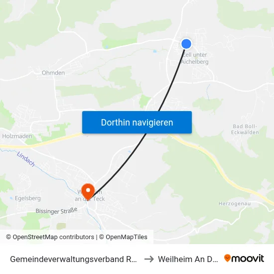 Gemeindeverwaltungsverband Raum Bad Boll to Weilheim An Der Teck map