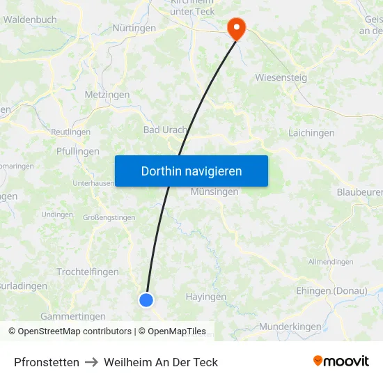 Pfronstetten to Weilheim An Der Teck map