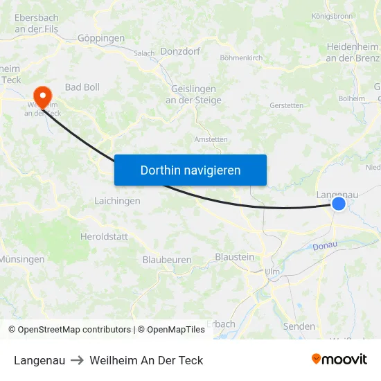 Langenau to Weilheim An Der Teck map