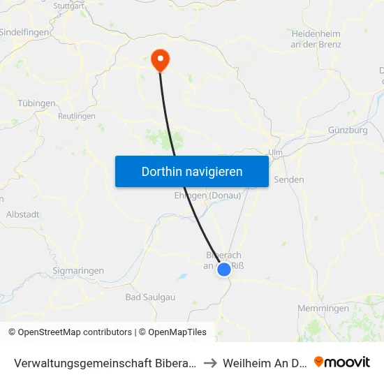 Verwaltungsgemeinschaft Biberach An Der Riß to Weilheim An Der Teck map