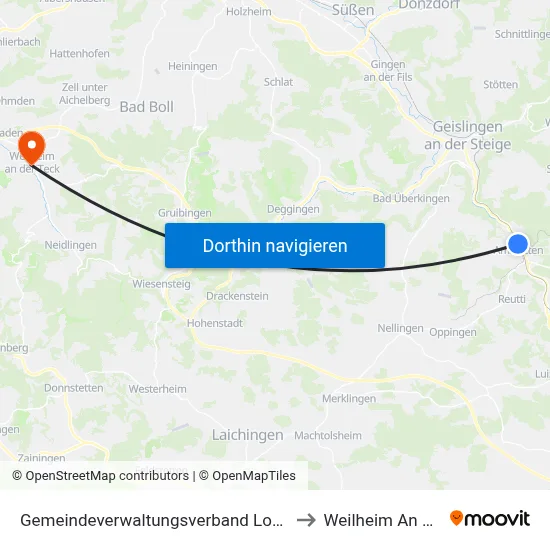 Gemeindeverwaltungsverband Lonsee-Amstetten to Weilheim An Der Teck map