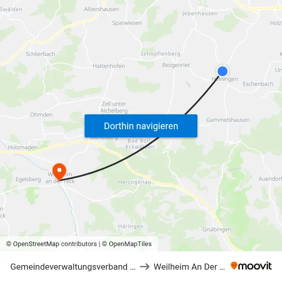 Gemeindeverwaltungsverband Voralb to Weilheim An Der Teck map