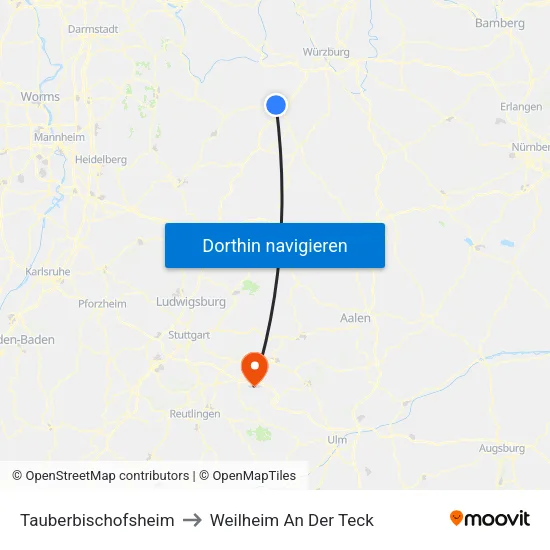 Tauberbischofsheim to Weilheim An Der Teck map