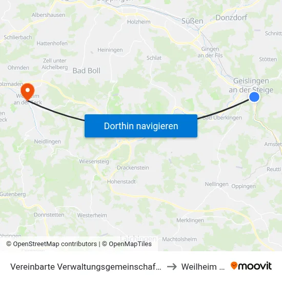 Vereinbarte Verwaltungsgemeinschaft Der Stadt Geislingen An Der Steige to Weilheim An Der Teck map