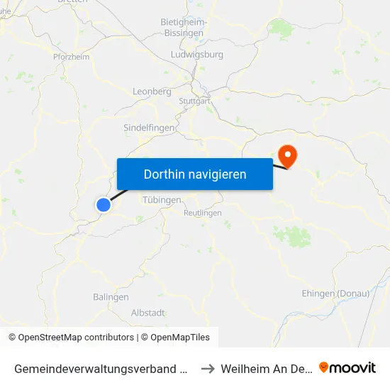 Gemeindeverwaltungsverband Oberes Gäu to Weilheim An Der Teck map