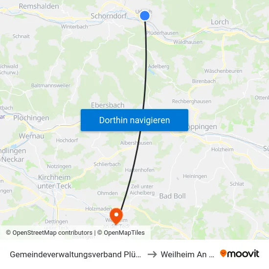 Gemeindeverwaltungsverband Plüderhausen-Urbach to Weilheim An Der Teck map