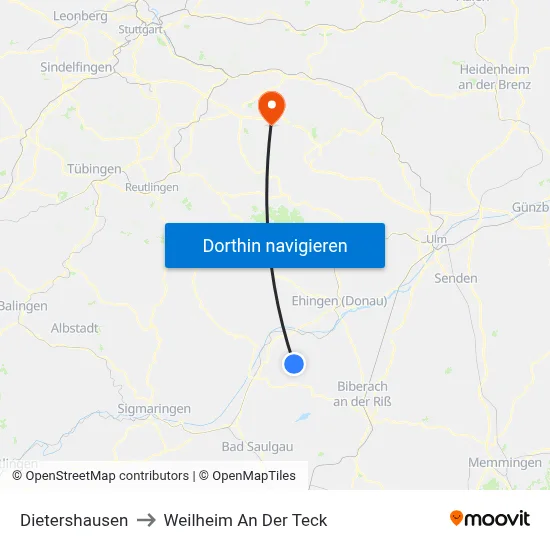 Dietershausen to Weilheim An Der Teck map