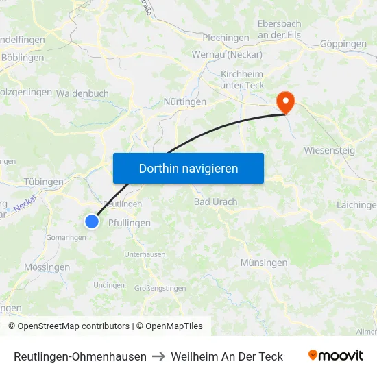Reutlingen-Ohmenhausen to Weilheim An Der Teck map