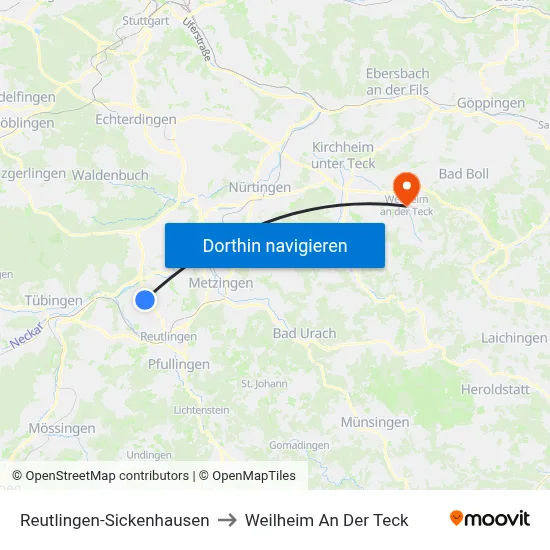 Reutlingen-Sickenhausen to Weilheim An Der Teck map