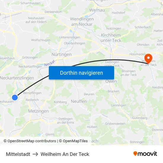 Mittelstadt to Weilheim An Der Teck map