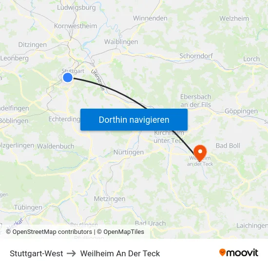 Stuttgart-West to Weilheim An Der Teck map
