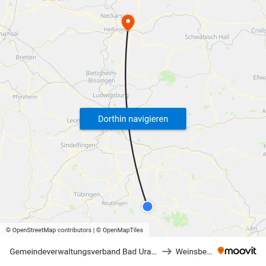 Gemeindeverwaltungsverband Bad Urach to Weinsberg map