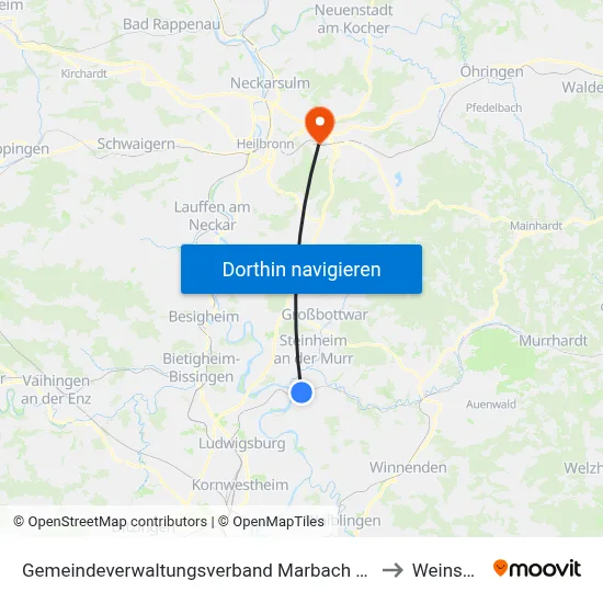 Gemeindeverwaltungsverband Marbach am Neckar to Weinsberg map