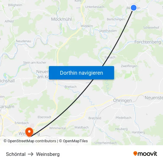 Schöntal to Weinsberg map