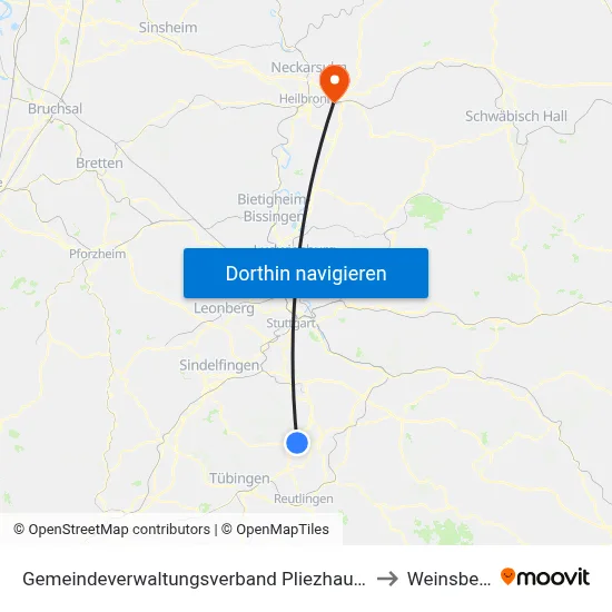 Gemeindeverwaltungsverband Pliezhausen to Weinsberg map