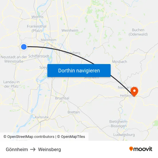 Gönnheim to Weinsberg map