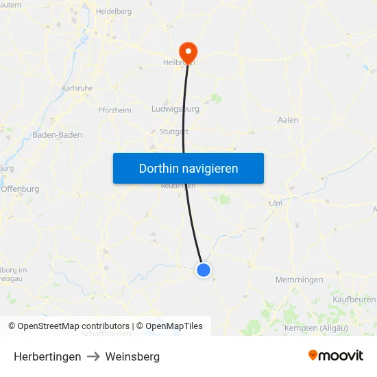 Herbertingen to Weinsberg map