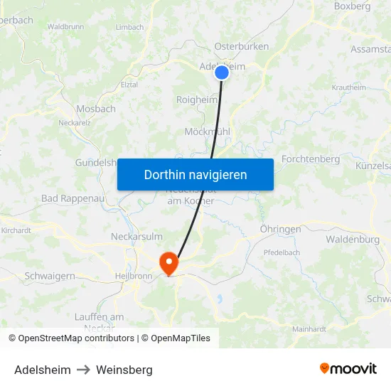 Adelsheim to Weinsberg map