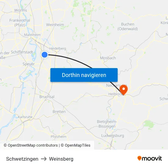 Schwetzingen to Weinsberg map