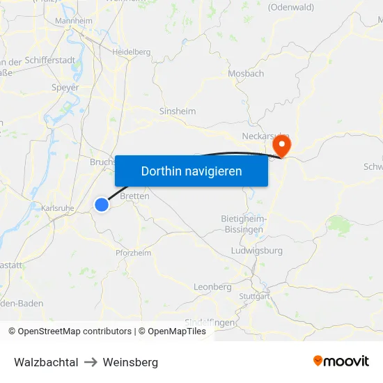 Walzbachtal to Weinsberg map