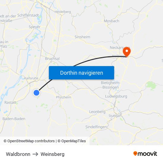 Waldbronn to Weinsberg map