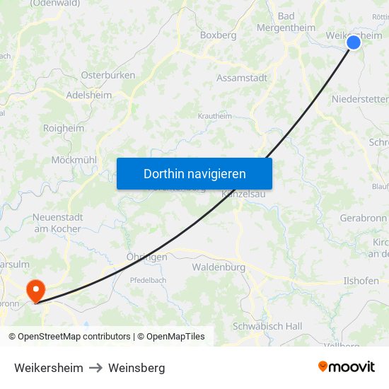 Weikersheim to Weinsberg map