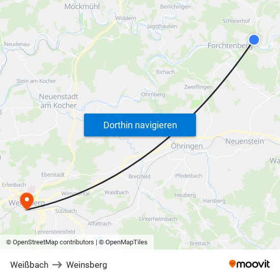 Weißbach to Weinsberg map