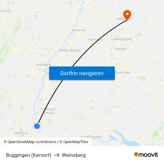 Buggingen (Kernort) to Weinsberg map