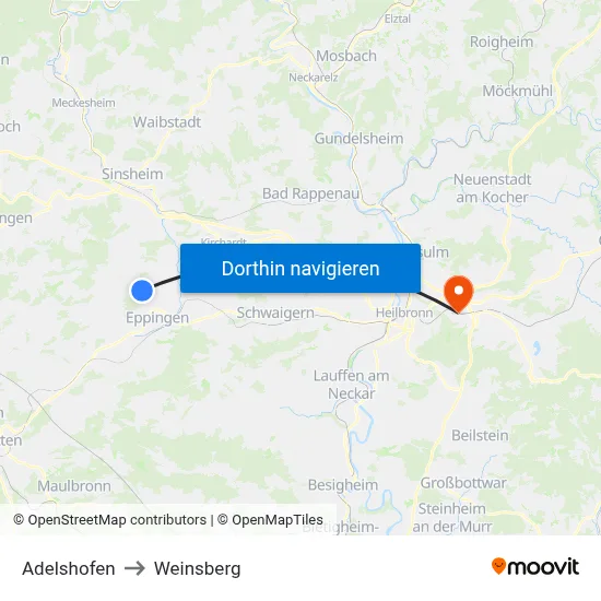 Adelshofen to Weinsberg map