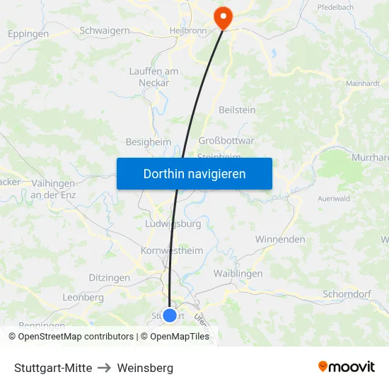 Stuttgart-Mitte to Weinsberg map