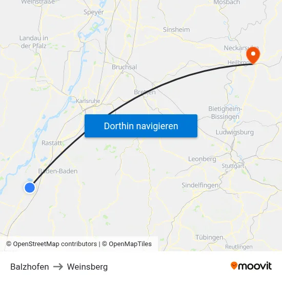 Balzhofen to Weinsberg map