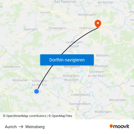Aurich to Weinsberg map