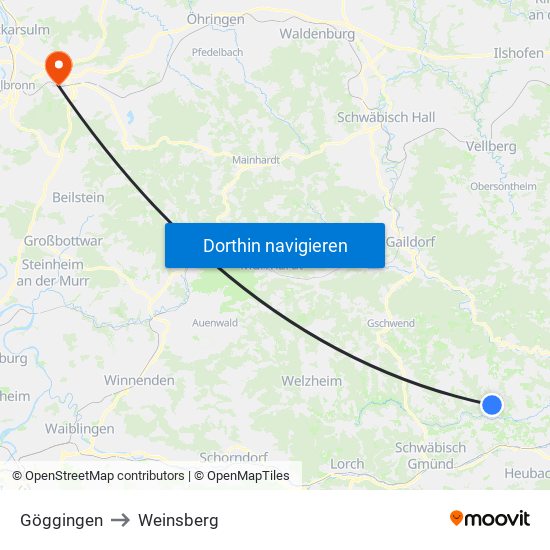 Göggingen to Weinsberg map