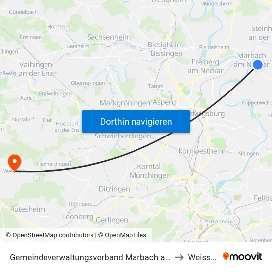 Gemeindeverwaltungsverband Marbach am Neckar to Weissach map