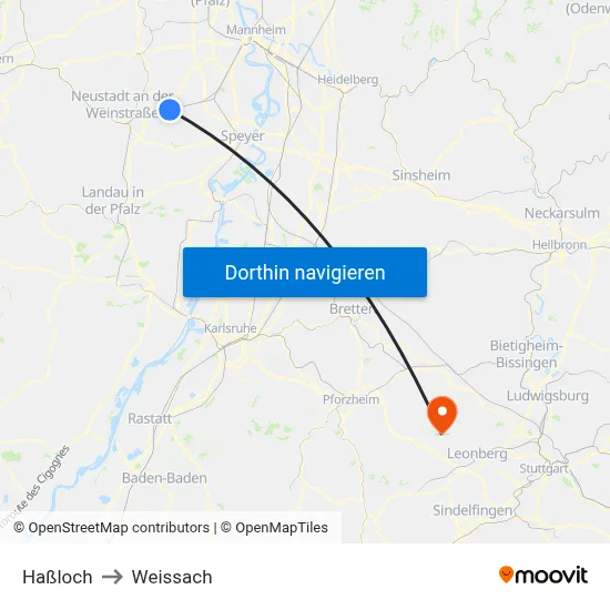 Haßloch to Weissach map