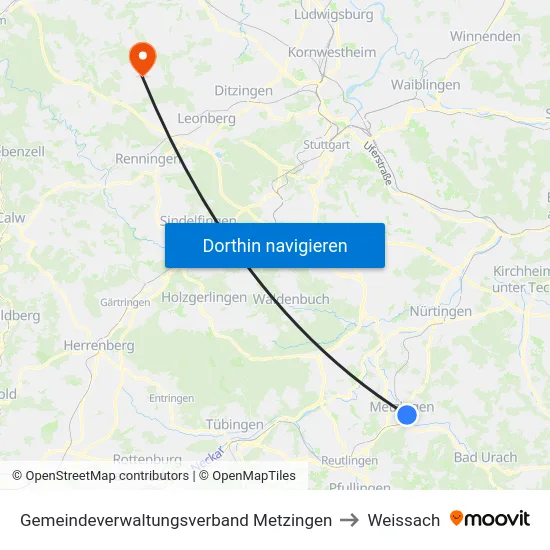 Gemeindeverwaltungsverband Metzingen to Weissach map