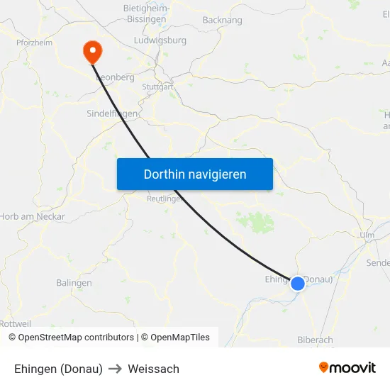 Ehingen (Donau) to Weissach map