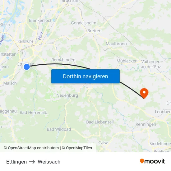 Ettlingen to Weissach map