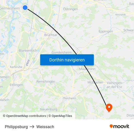 Philippsburg to Weissach map