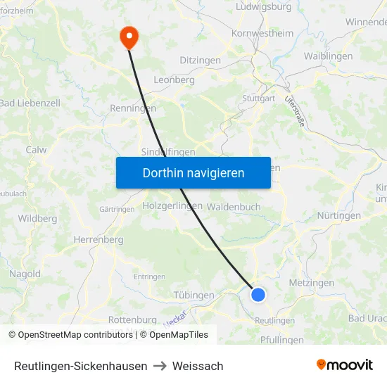 Reutlingen-Sickenhausen to Weissach map