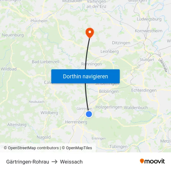 Gärtringen-Rohrau to Weissach map