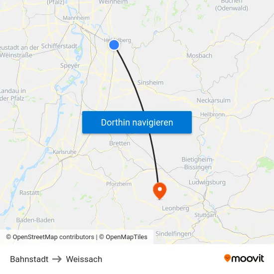 Bahnstadt to Weissach map