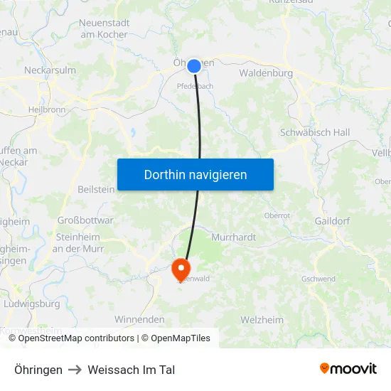 Öhringen to Weissach Im Tal map