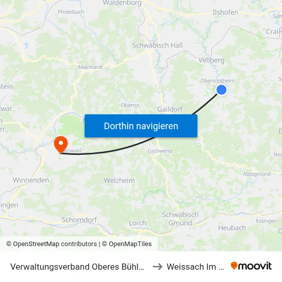 Verwaltungsverband Oberes Bühlertal to Weissach Im Tal map