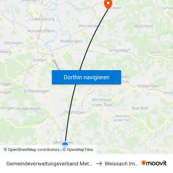 Gemeindeverwaltungsverband Metzingen to Weissach Im Tal map