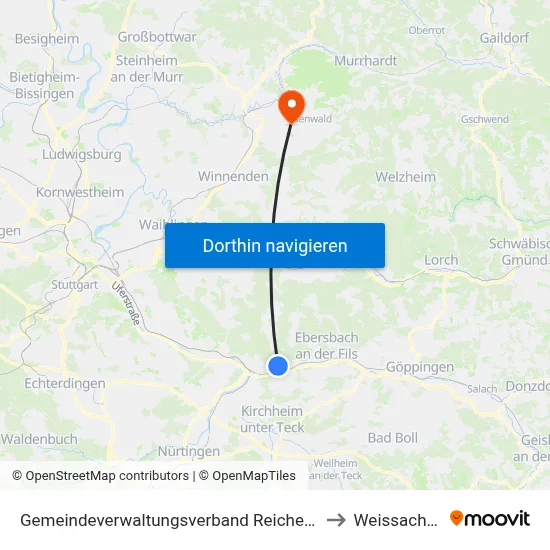 Gemeindeverwaltungsverband Reichenbach An Der Fils to Weissach Im Tal map